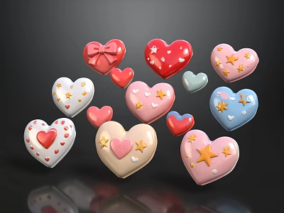 Colorful Decorative Hearts With Stars Bows And Various Patterns On Black Background 3d model
