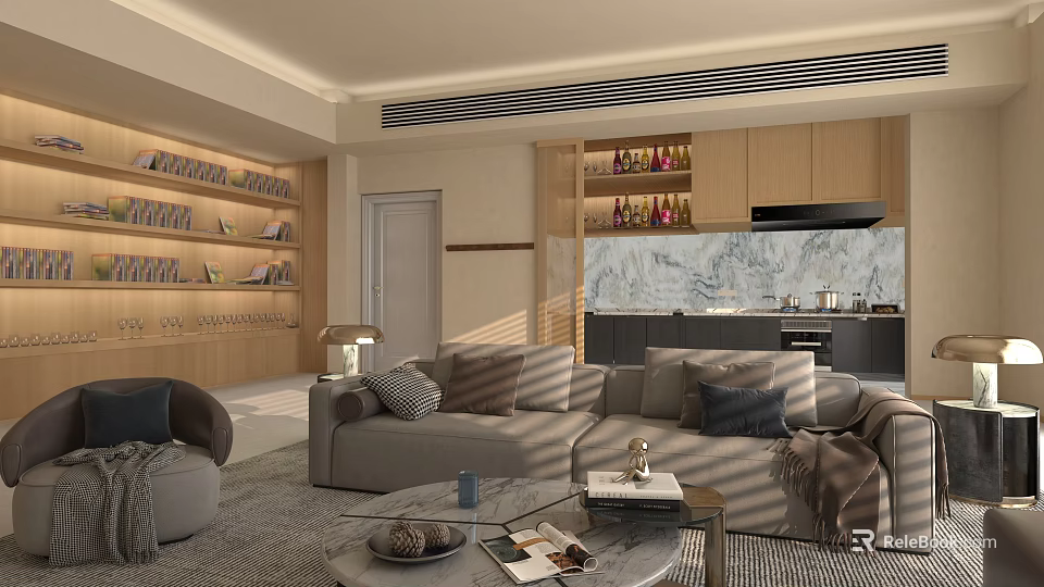 Modern Open Living Room Kitchen Interior With Sofa Bookshelves Marble Countertop And Natural Light 3d model 
