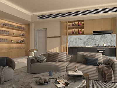 Modern Open Living Room Kitchen Interior With Sofa Bookshelves Marble Countertop And Natural Light 3d model