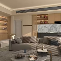 Modern Open Living Room Kitchen Interior With Sofa Bookshelves Marble Countertop And Natural Light