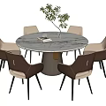 Modern Round Marble Top Dining Table Set With Six Brown Beige Chairs Black Legs 3d model