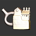 House Shaped Ceramic Sculpture With Yellow Body Red Roof Curved Spout And Decorative Patterns