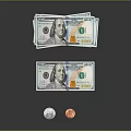 Daily Necessities Including Stacks of US Dollar Bills and Coins on Reflective Surface