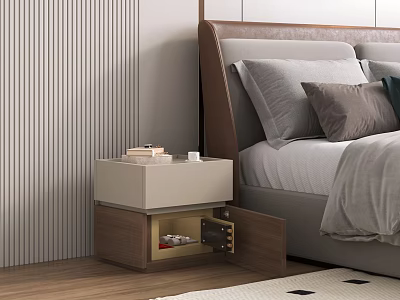 Modern Bedroom Bedside Table Featuring Wooden Design Open Drawer And Storage Space 3d model
