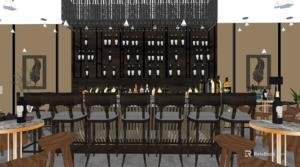 Modern Bar Interior With Stylish Counter Wine Racks Stools And Pendant Lights 3d model 