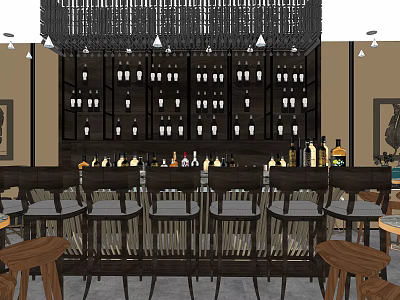 Modern Bar Interior With Stylish Counter Wine Racks Stools And Pendant Lights 3d model