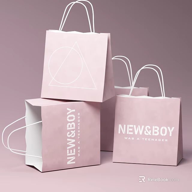 Pink Shopping Bags With Geometric Pattern NEW BOY And WAR A TEENAGER Print White Handles 3d model 