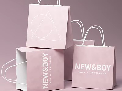 Pink Shopping Bags With Geometric Pattern NEW BOY And WAR A TEENAGER Print White Handles 3d model