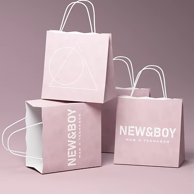 Pink Shopping Bags With Geometric Pattern NEW BOY And WAR A TEENAGER Print White Handles 3d model