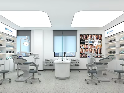 Bright Modern Dental Clinic Interior With Dental Chairs Treatment Tables And Medical Supply Shelves 3d model