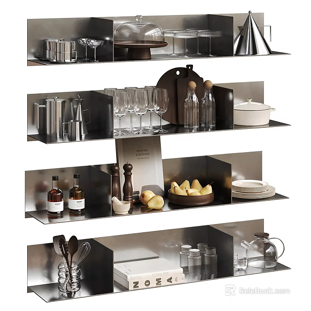 Stylish Tableware Collection Displayed On Modern Shelves With Plates Glasses Utensils And Bowls 3d model 