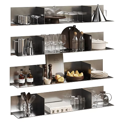 Stylish Tableware Collection Displayed On Modern Shelves With Plates Glasses Utensils And Bowls 3d model