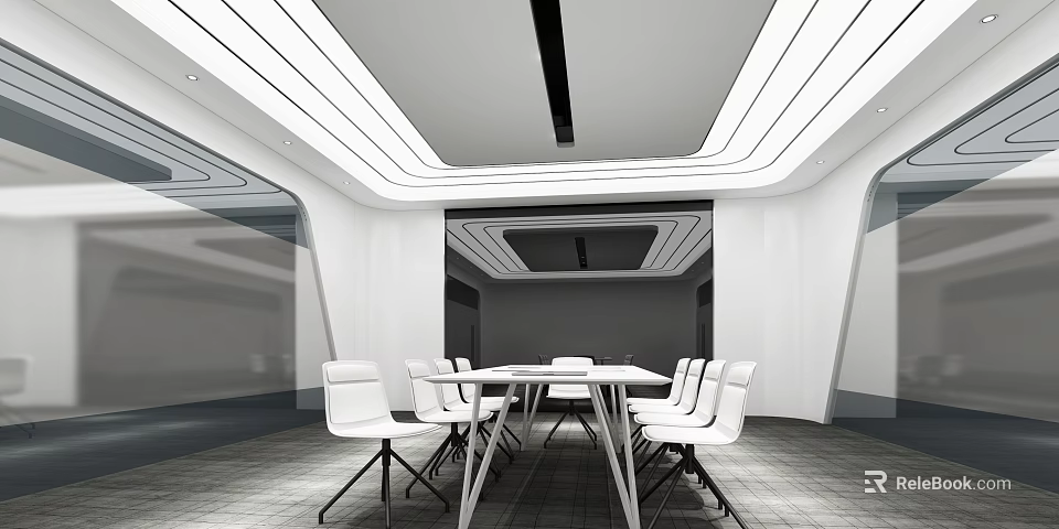 Modern Meeting Room Interior With White Conference Table White Chairs And Sleek Ceiling Linear Lights 3d model