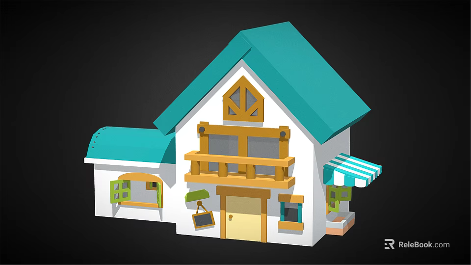 Cartoon Style House With Teal Roof Yellow Door Wooden Balcony And Striped Awning 3d model 