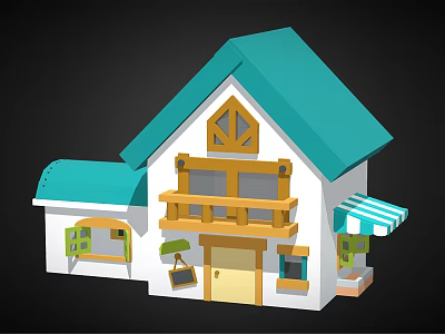 Cartoon Style House With Teal Roof Yellow Door Wooden Balcony And Striped Awning 3d model