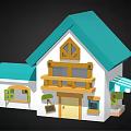 Cartoon Style House With Teal Roof Yellow Door Wooden Balcony And Striped Awning