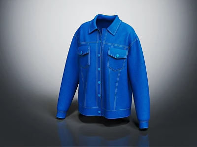 Oversized Blue Denim Jacket With Collar Front Pockets And Button Closure 3d model