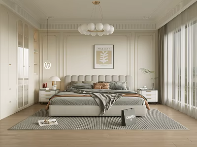 Modern Bedroom Interior Design With Upholstered Headboard White Spherical Pendant Light And Decorative Painting 3d model