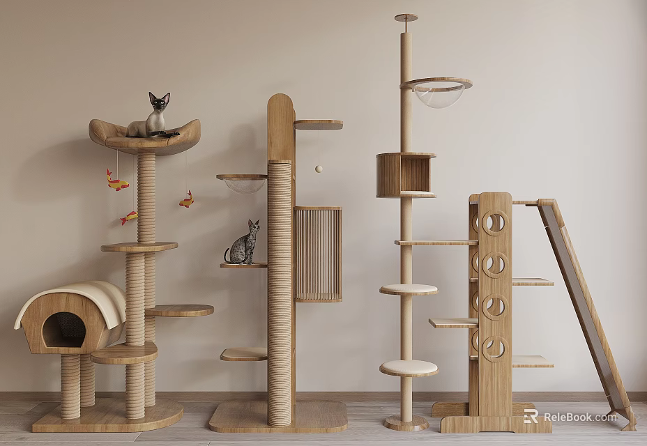 Wooden Cat Trees With Modern Design Multiple Platforms Condo And Scratching Posts 3d model