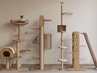 Wooden Cat Trees With Modern Design Multiple Platforms Condo And Scratching Posts 3d model