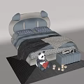 Cute Panda Shaped Kids Bed With Blue Polka Dot Pillows And Plush Toy On Rug