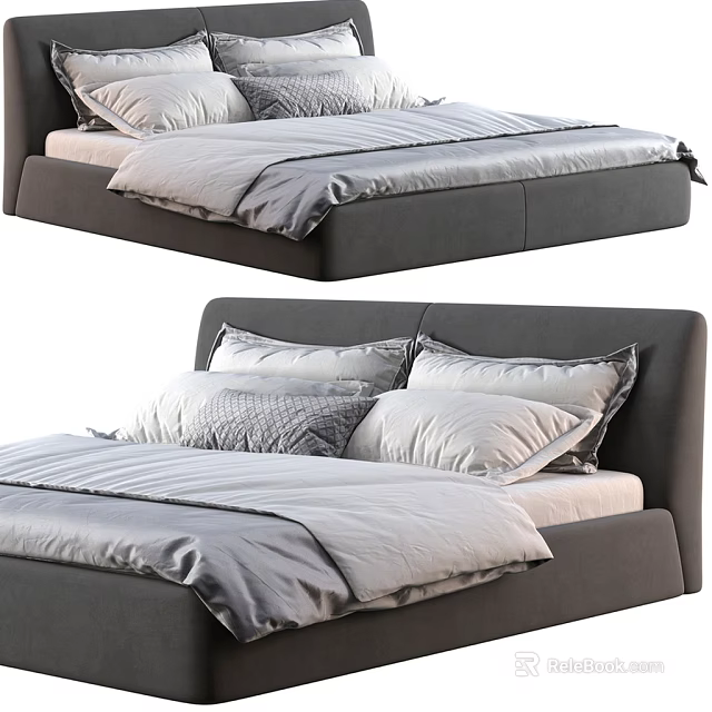 Modern Double Bed with Dark Gray Frame White Gray Bedding and Pillows 3d model 