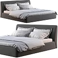 Modern Double Bed with Dark Gray Frame White Gray Bedding and Pillows 3d model