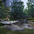 Tranquil Garden Landscape With Lush Trees Stream Hedges And Seating Platform 3d model