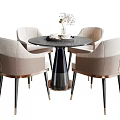 Elegant Round Black Dining Table With Four Beige Chairs Metal Legs And Decorative Vase