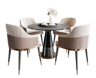 Elegant Round Black Dining Table With Four Beige Chairs Metal Legs And Decorative Vase 3d model