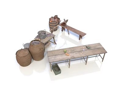 Rustic Wooden Dining Table With Wicker Baskets Bench And Fruits On Top 3d model