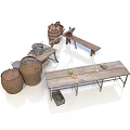 Rustic Wooden Dining Table With Wicker Baskets Bench And Fruits On Top