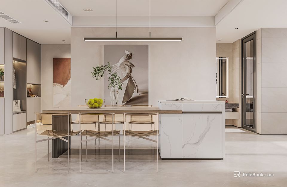 Modern Restaurant Interior Design With Dining Table Chairs Marble Counter Hanging Lights And Decorative Painting 3d model 