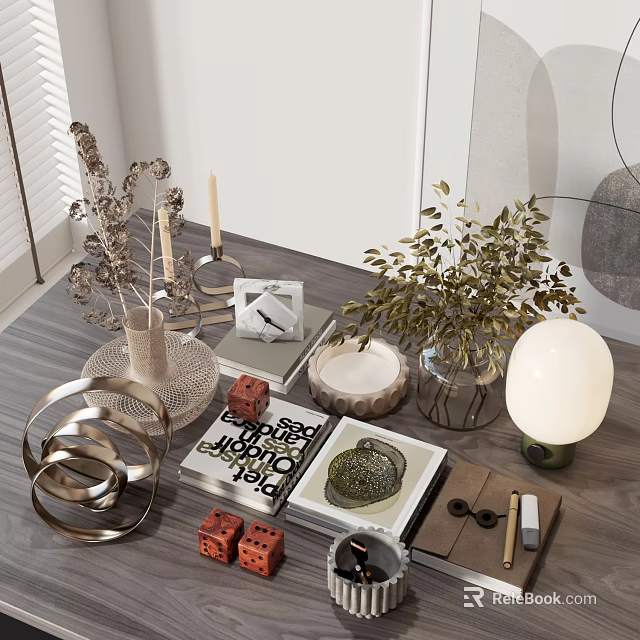 Elegant Modern Decorative Ornament Set with Vase Plant Candle Holders and Geometric Sculptures 3d model 
