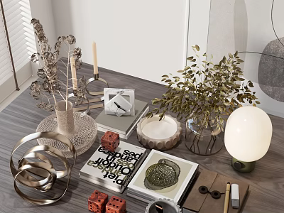 Elegant Modern Decorative Ornament Set with Vase Plant Candle Holders and Geometric Sculptures 3d model