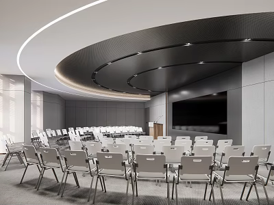 Modern Conference Room With Neatly Arranged White Chairs Podium And Large Screen 3d model