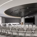 Modern Conference Room With Neatly Arranged White Chairs Podium And Large Screen