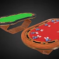 Poker Entertainment Table With Red Green Felt Surfaces Wooden Frame Chips And Dice