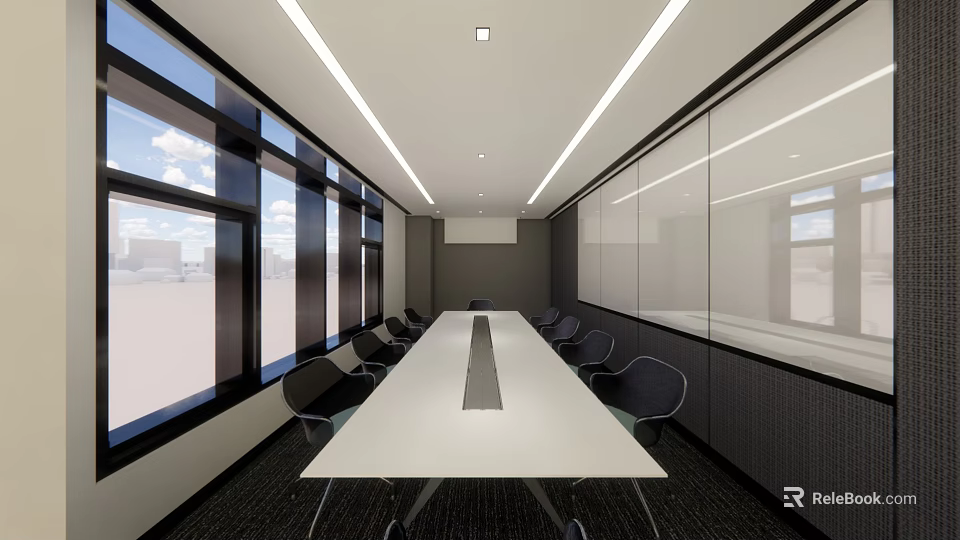 Modern Conference Room With Long Table Black Chairs Large Windows And Glass Partitions 3d model 