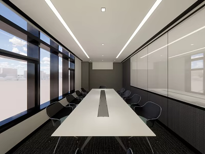 Modern Conference Room With Long Table Black Chairs Large Windows And Glass Partitions 3d model