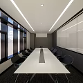 Modern Conference Room With Long Table Black Chairs Large Windows And Glass Partitions