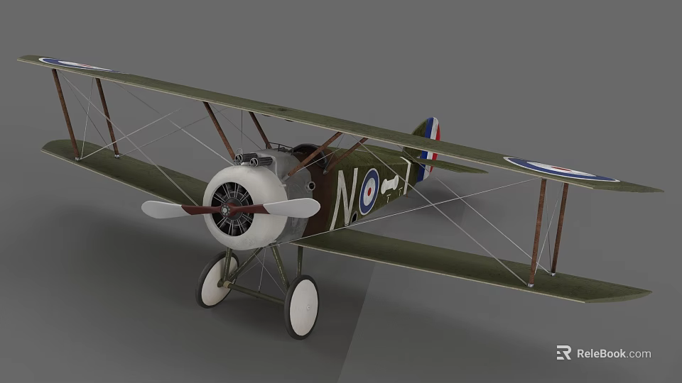 Vintage Biplane Fighter Aircraft With Green Body Propeller Round Insignia And Landing Gear 3d model 