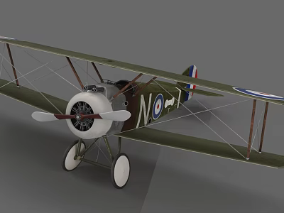 Vintage Biplane Fighter Aircraft With Green Body Propeller Round Insignia And Landing Gear 3d model