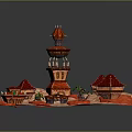 Miniature Sand Table Scene Featuring Red Roof Buildings Tall Tower Palm Trees And Small Figures
