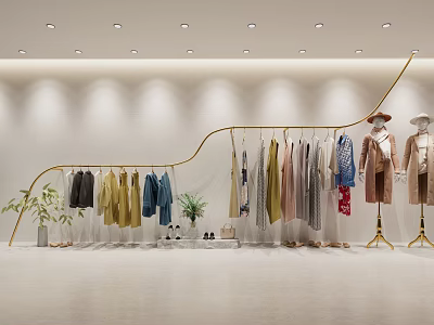 Modern Curved Clothes Rack in Fashion Store Display With Colorful Clothing Mannequins And Decorative Plants 3d model