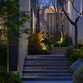 Modern Residential Landscape With Waterfall Steps Lush Greenery And Illuminated Architecture