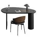 Black Oval Desk With Table Lamp Notebook Bottle And Wooden Back Leather Chair