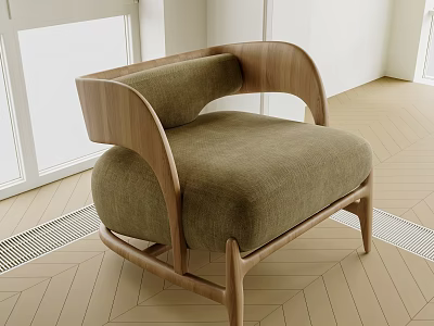 Comfortable Single Sofa with Wooden Frame and Olive Green Upholstered Curved Backrest 3d model