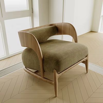 Comfortable Single Sofa with Wooden Frame and Olive Green Upholstered Curved Backrest 3d model