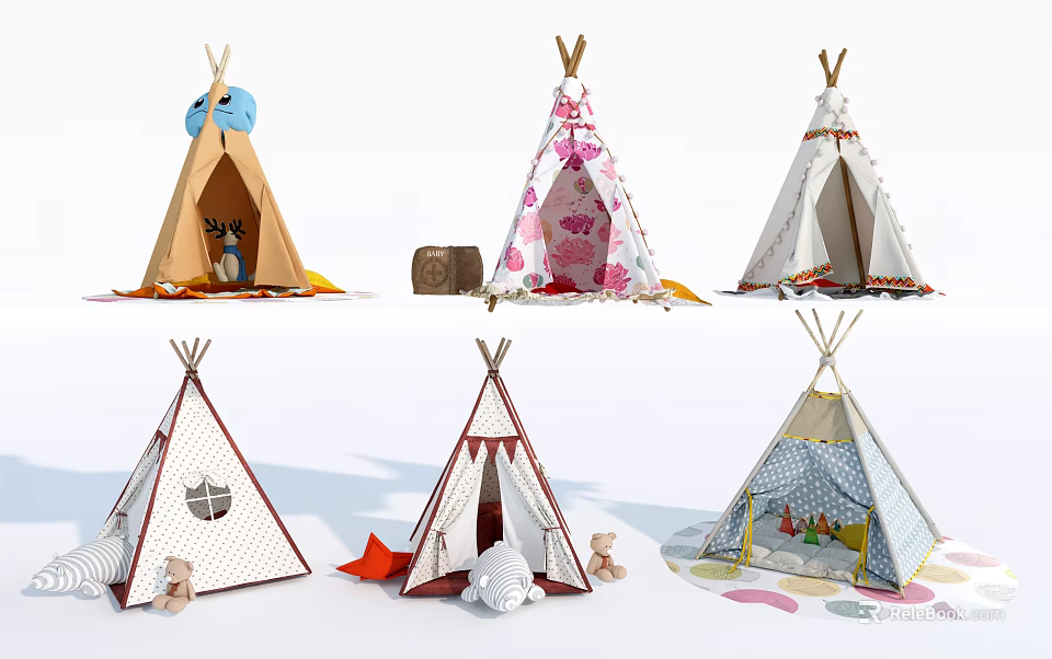Colorful Kids Tents With Various Designs Floral Patterns Bowknot And Small Toys 3d model 